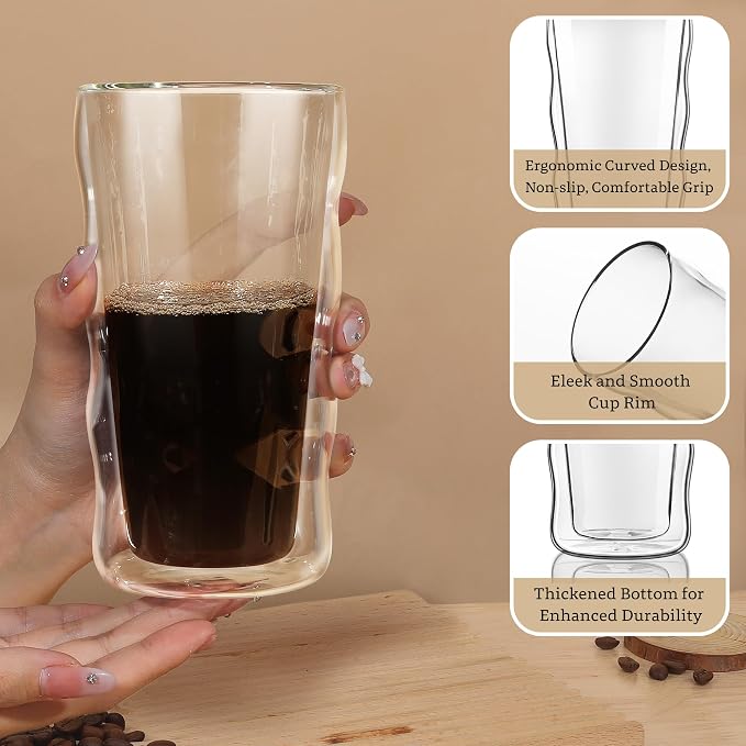Joeyan Double Walled Insulated Tumbler,15 oz Beer Cocktail Glass Cups Highball Drinking Glasses,Double Lined Borosilicate Smoothie Hot Beverage Tea Coffee Glassware,Set of 2
