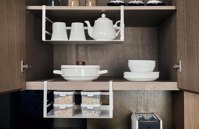 Nxconsu Under Shelf Basket Storage Organizer 2 Pack, Medium 13.4" White | Heavy-Duty Metal Under Shelf Basket Holds 30 lbs, No-Drill Knob-Lock Storage Organizer for Kitchen Cabinet Pantry Cupboard
