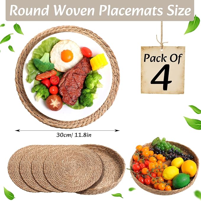 Boho Placemats 4/6/8 Set of Round Woven Placemat Macrame Style Bicolor Stitching Long Table Runner Farmhouse Rustic Natural Burlap Cotton for Kitchen Dining Table(4 Sets,Beige,12x72)