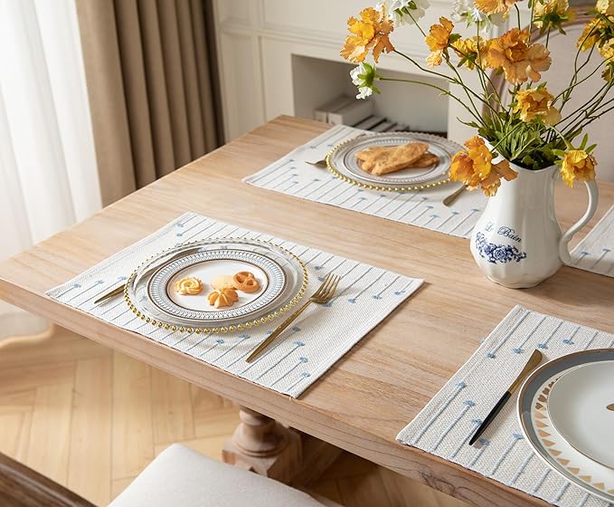 Placemats Set of 4 for Dining Table Décor, Woven Cloth Place Mats for Farmhouse Kitchen Tabletop, Handcrafted Machine Washable Cotton Table mats 13 x 19 Inch, Light Blue and Beige
