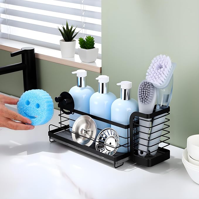 for Scrub Daddy & Mommy Sponge Holder, Kitchen Sink Caddy for Soap Dish & Adjustable Dish Brush Holder, with Diatomite Stone Sink Tray, Instant Dry