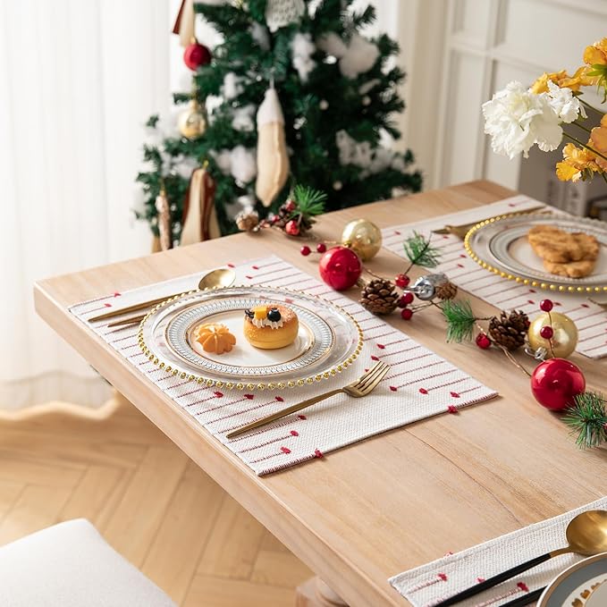 Valentines Placemats Set of 4 for Dining Valentine's Day Decorations, Woven Cloth Red Place Mats for Farmhouse Kitchen Tabletop, Handcrafted Machine Washable Cotton Table mats 13 x 19 Inch