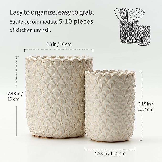 JIEMEI HOME Kitchen Utensil Holder, Large 7.5"+6.2" Petal Ceramic Utensil Crock for Countertop, Utensil Holder with Cork Mat, Morden Utensil Organizer for Spatula, Kitchen Decor, Set of 2, Aged Ivory