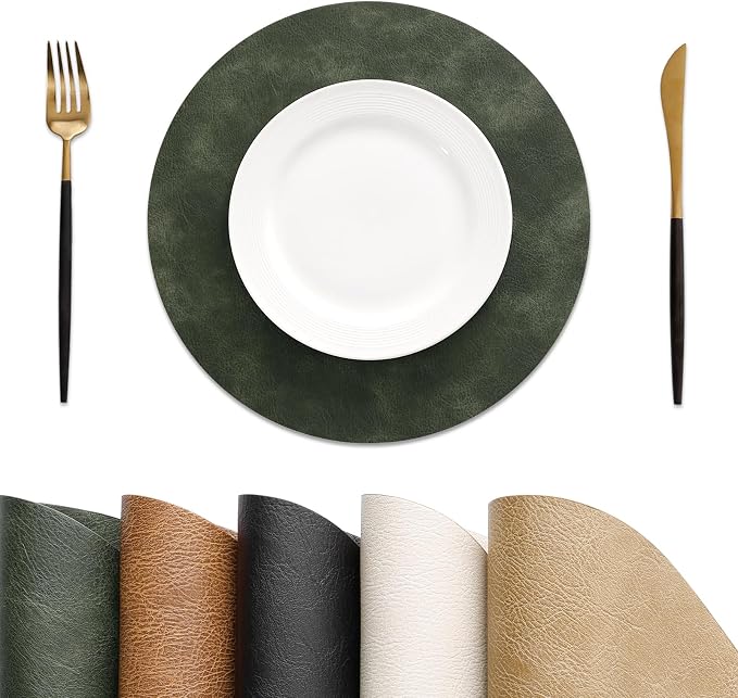 MOSAYT 13 Inch Round Vinyl Placemats Set of 4 - Faux Leather 100% Waterproof Oil-Proof Wipeable PU Place Mats, Heat Resistant Reversible Table Mats for Kitchen, Dining, Outdoor, Olive Green