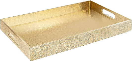 Home Redefined 17.5"x12" Gold Glossy Crocodile Faux Leather Serving Tray Beautiful Modern Elegant Decorative Tray with Handles Ottoman Coffee Table Tray for All Occasion's