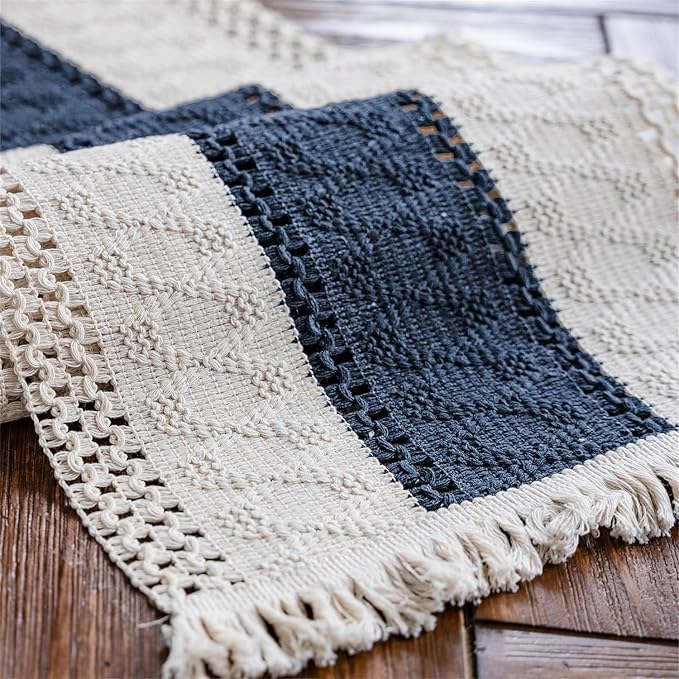 Macrame Table Runner Cream Beige and Blue Boho Table Runners with Tassels Hand Woven Cotton Table Runner Rustic Farmhouse Table Runners for Bohemian Kitchen Dining Table(12x60in)