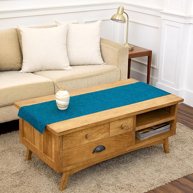 Solino Home Linen Small Table Runner 60 Inches - Athena, 100% Pure Linen Chambray Teal Table Runner 14 x 60 Inch Ideal for Dresser and Coffee Tables, Spring, Summer