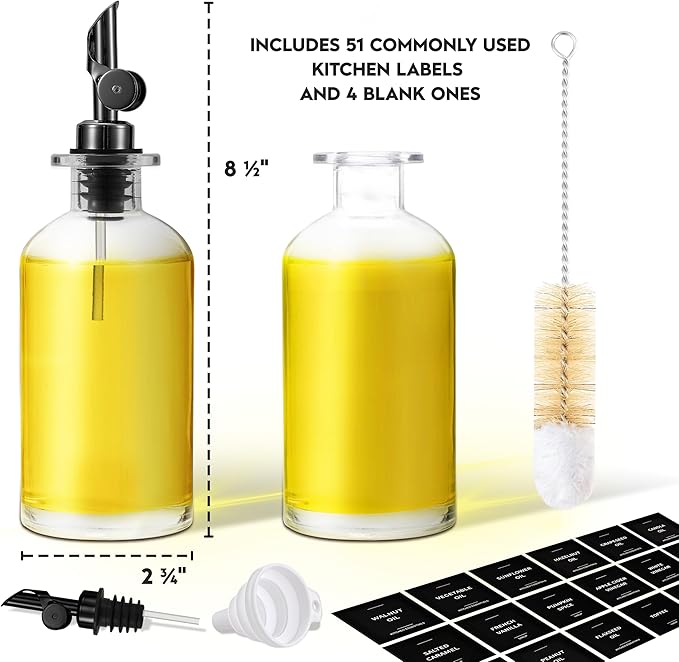 Spaceneat Oil Dispenser for Kitchen - Glass Olive Oil Bottle Set of 2 (11.8oz) with Black Weighted Self-Closing Pourer - Cooking Oil Dispenser with 66 Labels, Aligner & Funnel