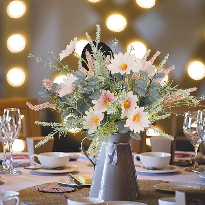 2 Bundles Artificial Wildflowers Fake Daisy Flowers Bouquet Silk Flower with Stems Faux Daisies Eucalyptus Pink Floral Arrangement for Table Centerpieces Home Indoor Summer Decoration