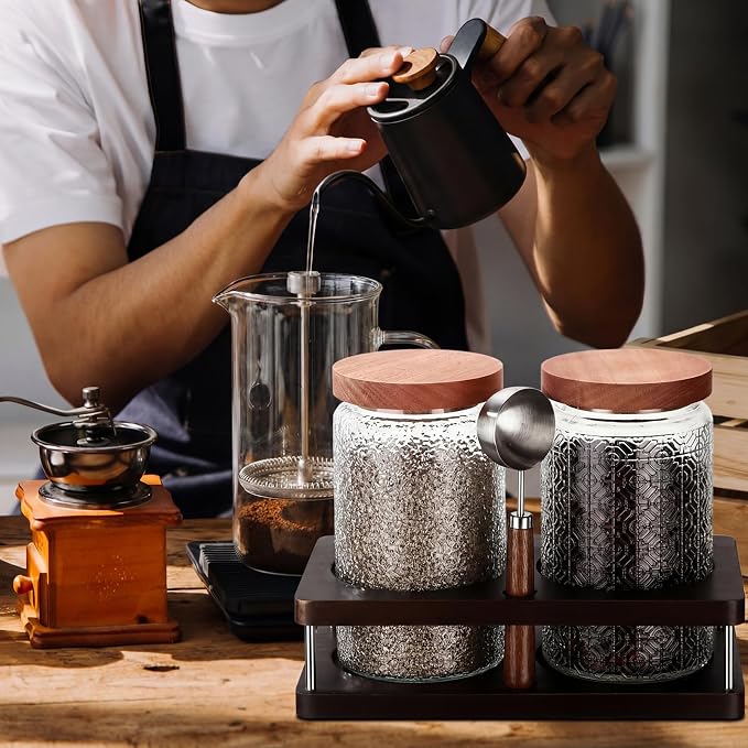 Suclain Glass Coffee Grounds Container with Shelf 2 x 34 oz Glass Coffee Bean Storage Canisters with Airtight Thread Lid and Measuring Spoon Food Storage Jars for Kitchen Sugar(Classic Style)