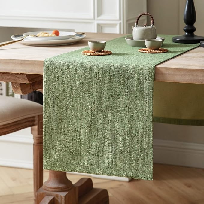 ZeeMart Burlap Style Farmhouse Table Runners 72 Inches Long, Green Rustic Woven Dining Table Runner for Everyday Use, 14x72 Inches, Grass Green