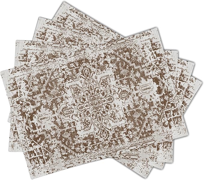 Gray Brown Boho Placemats Set of 4 Ethnic Bohemian Carpet Place Mats Washable Kitchen Dining Vintage Grey Geography Floral Linen Table Mats Stain Heat-Resistant for Home Party Indoor 12x18 in