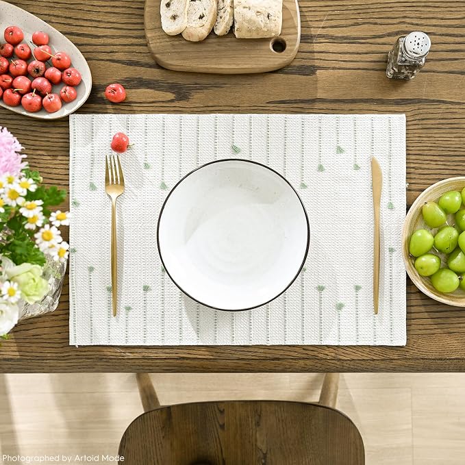 Artoid Mode Sage Green Farmhouse Woven Rustic Placemats Set of 4,12x18 Seasonal Holiday Macrame Burlap Kitchen Dining Table Decoration for Home Party Decor