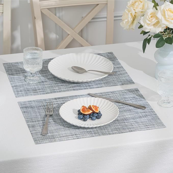 BACKTOEDEN Placemats Set of 6 Heat Resistant Washable Wipeable Placemat Woven Non-Slip Foldable Vinyl/Plastic Place Mats Indoor/Outdoor Mat Kitchen Dining Table Pad, Gray