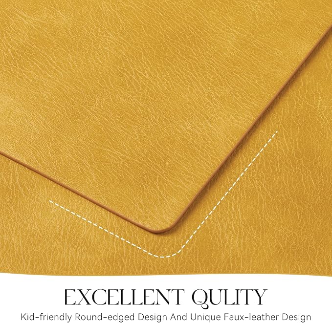 MOSAYT Vinyl Placemats Set of 12-12 X 17 Inch - Faux Leather 100% Waterproof Oil-Proof Wipeable PU Place Mats, Heat Resistant Reversible Table Mats for Kitchen, Dining, Outdoor, Yellow