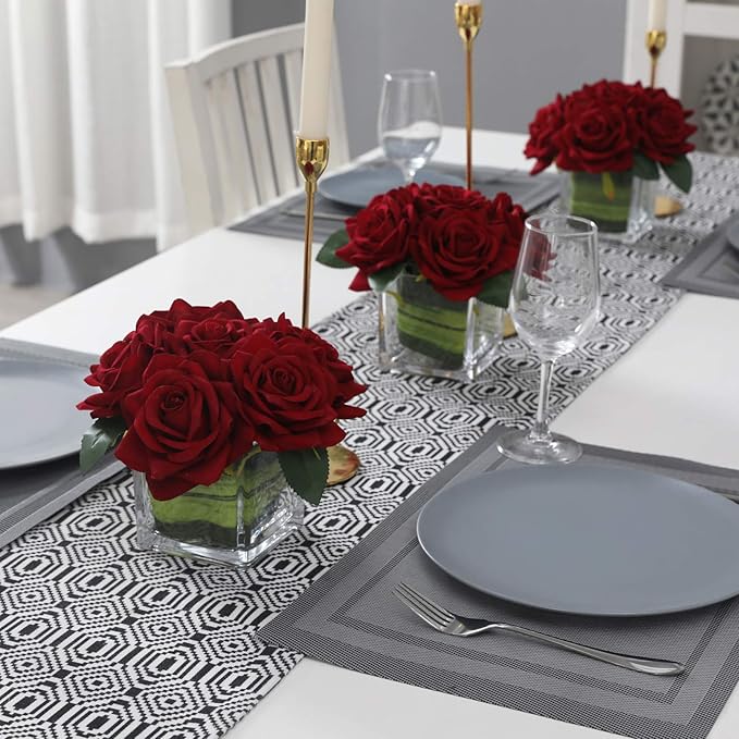 Fule Artificial Velvet Rose Flower Centerpiece Arrangement in vase for Home Wedding Decoration (Burgundy)
