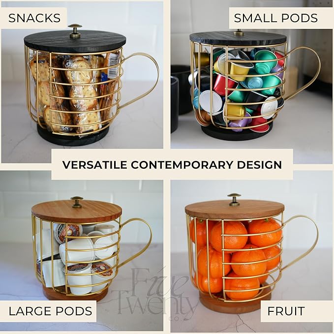 Large Coffee Pod Holder – Compatible w/KCup Pods and Capsules - Gold Metal K Cup Holder - Cute Coffee Pod Basket w/Wooden Lid - Coffee Pod Storage - Coffee Bar Decor (Wood & Gold, Large)