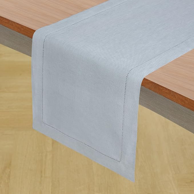 Solino Home Linen Classic Hemstitch Table Runner 132 Inches Long - 100% Pure Linen Dusty Blue Table Runner 14 x 132 Inch for Summer