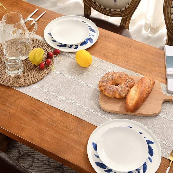 Wracra Rustic Linen Table Runner Farmhouse Style Table Runners 72 inches Long Embroidered Fall Table Runner with Hand-Tassels for Party, Dresser and Dining Room Decorations(Light Coffee, 13"×72")