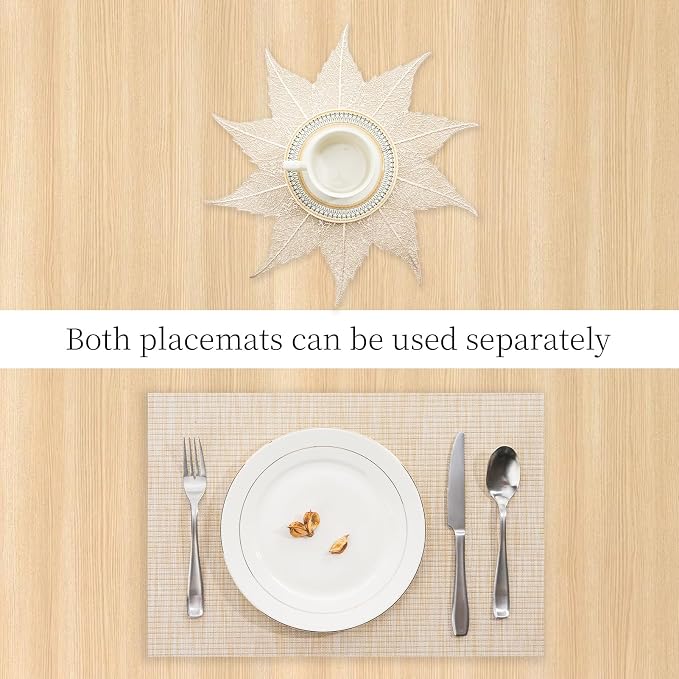 BACKTOEDEN Placemats Set of 4 Heat Resistant Washable Wipeable Placemat Woven Non-Slip Foldable Vinyl/Plastic Place Mats Indoor/Outdoor Mat Kitchen Dining Table Pad, Gold Maple Leaf & Beige