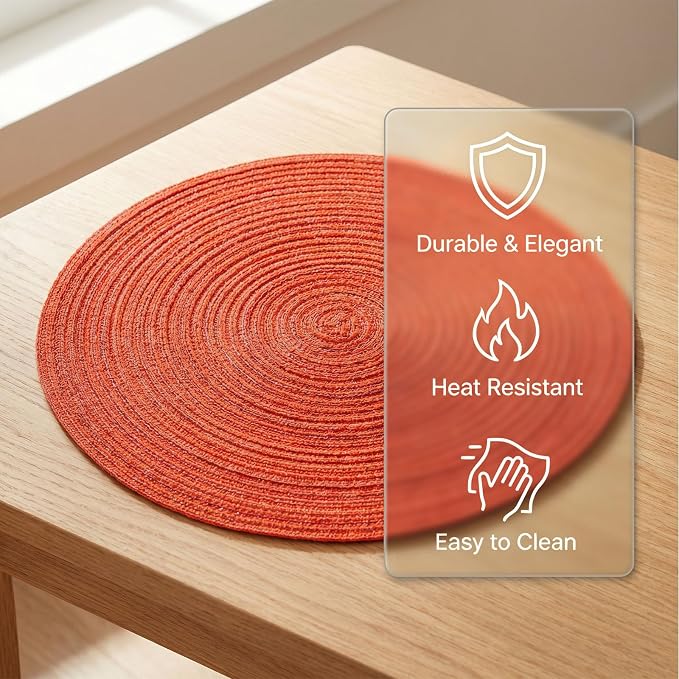 AHHFSMEI Round Braided Placemats Set of 6 Woven Table Mats for Dining Table Heat Resistant Easy to Clean Perfect for Kitchen & Home Decor (Dark Orange)