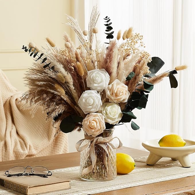 Wracra 100pcs Artificial Flowers in Vase, Fake Flowers Arrangement with Vase, Dried Pampas Grass Floral Centerpieces for Home Office Decoration, Farmhouse Kitchen Dining Table Decor