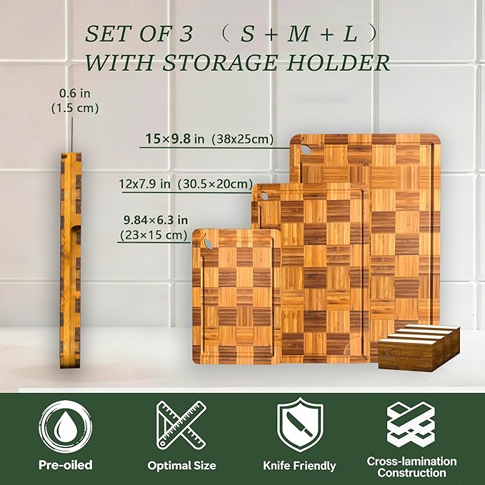 Bamboo Cutting Board Set of 3 with Stand, Checkered End Grain Cutting Boards for Kitchen with Deep Juice Grooves for Meat, Cheese, Charcuterie and Kitchen Prep