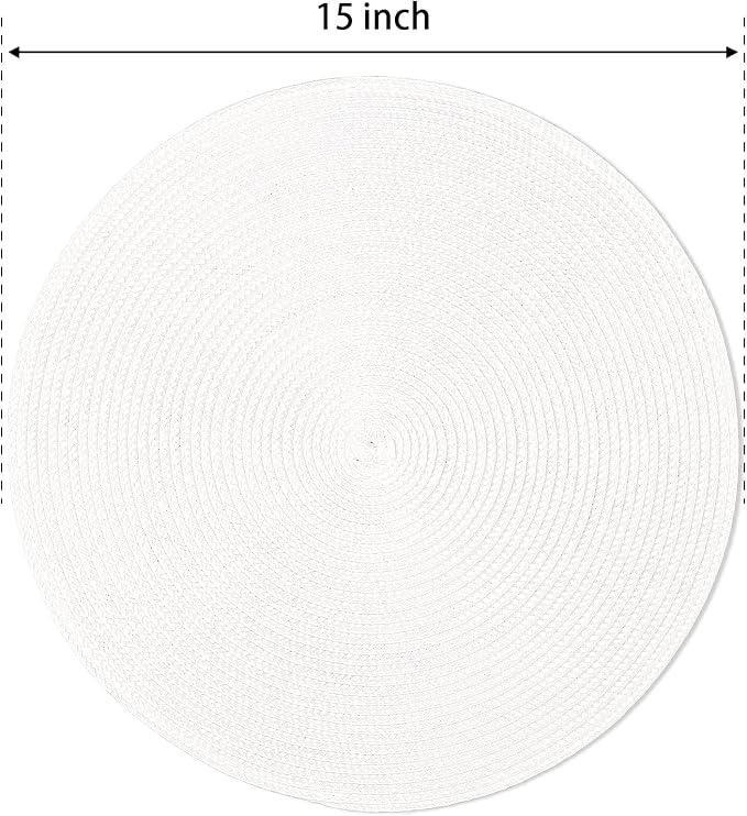FunWheat Round Braided Placemats Set of 4 Table Mats for Dining Tables Woven Washable Non-Slip Place mats 15inch (White, 4pcs)