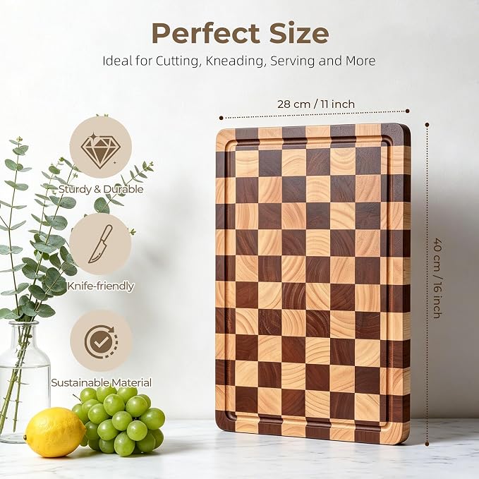 Checkered Cutting Board for Kitchen - Checkerboard Wood Chopping Board with Juice Groove & Handle, End Grain Wooden Checker Kitchen Board for Cooking, Serving and Decor