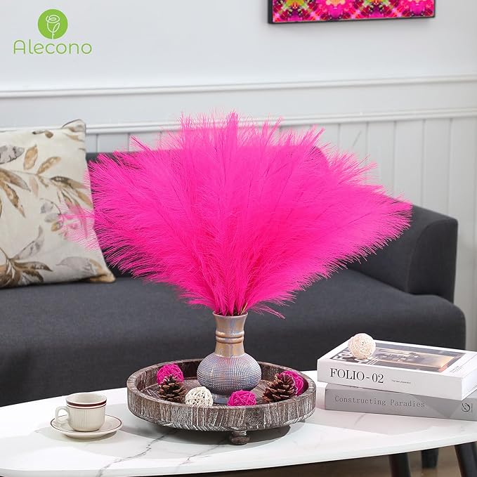 Alecono Hot Pink Pampas Grass 17in 𝟯𝟬𝙋𝙘𝙨, Artificial Faux Fluffy Pampas Grass Decor for Home Wedding Centerpieces Party