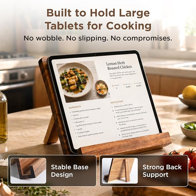 Acacia Wood Cookbook Stand – Adjustable Recipe Book Holder for Kitchen Counter, Sturdy Wooden Stand Fits Thick Cookbooks, iPads & Tablets