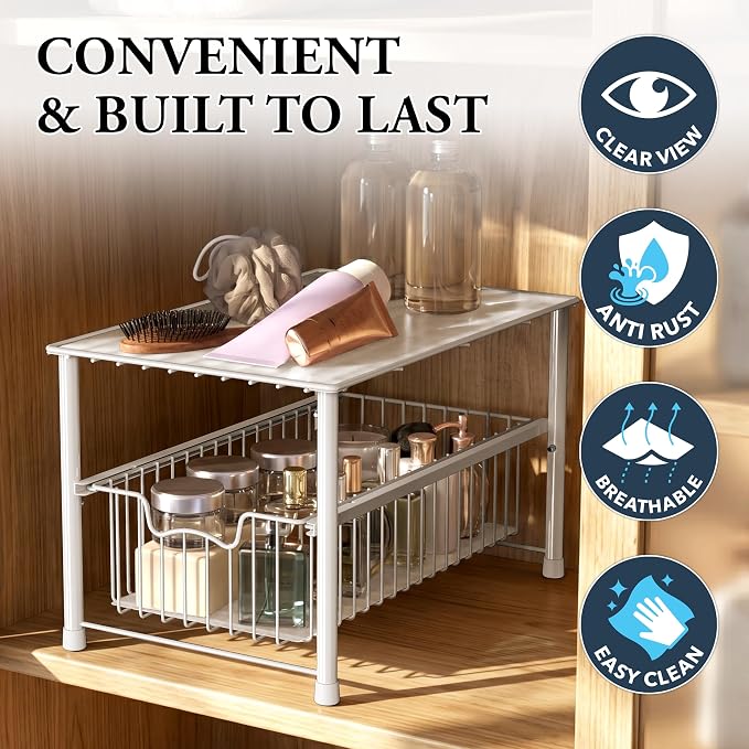 Simple Houseware Stackable Under Sink Cabinet Sliding Basket Organizer Drawer, White