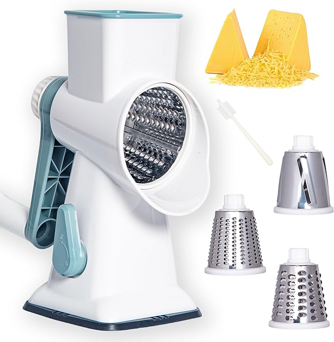 White Rotary Cheese Grater with Suction Base, Hand Crank Cheese Grater for Hard Cheese, Vegetables，Nuts, 3 Stainless Steel Drum Blades, Easy Clean Kitchen Gadget