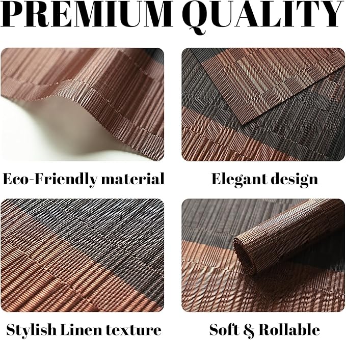 Placemats Set of 6 Vinyl/Plastic Woven Place Mats for Kitchen Table Indoor/Outdoor Washable Placemat Wipeable Dining Table Mats (Ombre Brown Black,6)