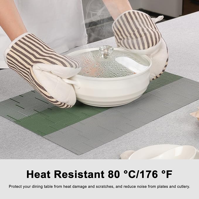 Placemats Set of 8, Vinyl Woven Place Mats Indoor Set of 8 Washable Wipeable PVC Table Mats Heat-Resistant Non Slip Placemat for Kitchen Dining Outdoor Table (Gray Sage Green, Set of 8)
