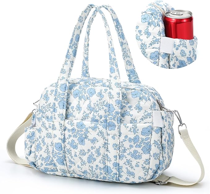 Zhehao Cute Lunch Bag for Women Large Quilted Insulated Lunch Box with Shoulder Strap, Crossbody Portable Leakproof Cooler Tote Bag for Adult Work Teacher Staff Office Travel Picnic(Blue Flower)