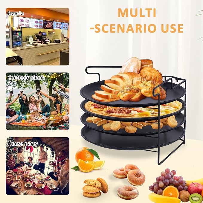 JIAWANSHUN Folding Pizza Rack Stand 4-Layer Stainless Steel with 12-Inch Non-Stick Pan,Oven-Safe Baking & Cooling Holder for Home Kitchens,Pizza Shops,Commercial Restaurants