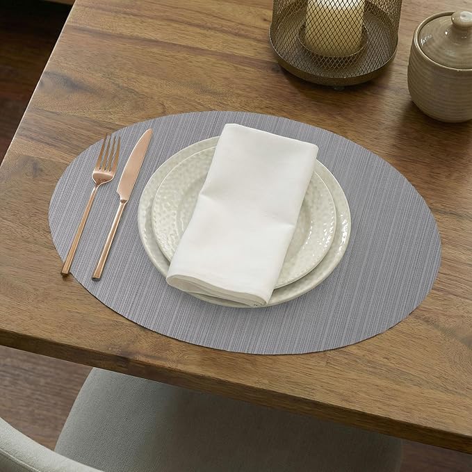 AHHFSMEI Oval Placemats Set of 6 Woven Vinyl Non-Slip Heat Resistant Stain Resistant Easy Clean Place mats for Dining Table(Grey)