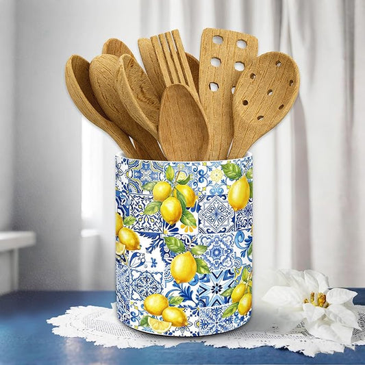JarThenaAMCS Capri Lemon Ceramic Utensil Holder Blue Tiles Yellow Lemon Utensil Crock for Summer Home Kitchen Countertop Storage Organizer Container