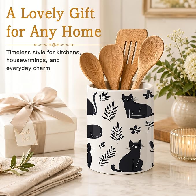 Funny Black Cat Utensil Holder for Countertop,Flowers Plants Ceramic Utensil Crock Organizer for Home Kitchen Spoons,Spatulas and Cooking Tools