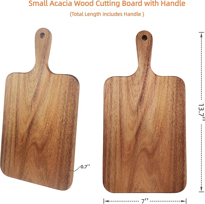 ZeQi 2PCS Small Acacia Wood Cutting Board with Handle 13.7''X7'', Chopping Board, Charcuterie Board, Serving Board for Cheese, Bread, Meat, Vegetables & Fruits (2 Pack Rectangular)