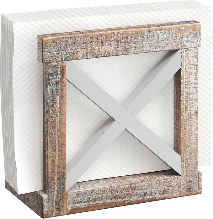 Barnyard Designs Farmhouse Napkin Holder for Table - Vintage Rustic Distressed Wooden Napkin Holder Dispenser for Kitchen, 5.5" x 5.5" (White/Brown)