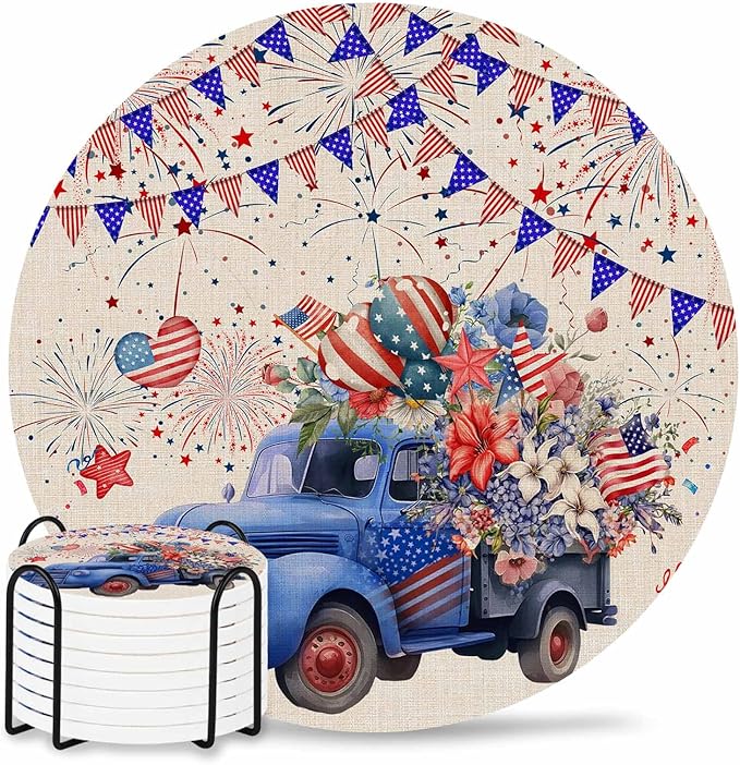 4th of July Coasters Set of 8 Blue Truck Poppy Flower Slate Drink Coasters with Holder Absorbent Stone Ceramic Cup Mat Star Flag Firework Independence Day Coasters for Drinks Coffee Bar Decor Gifts