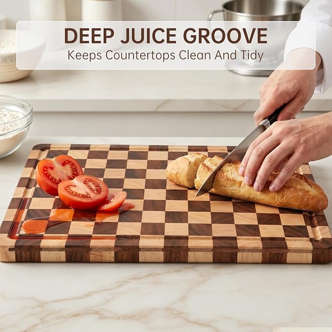 THETCHRY Cutting Boards for Kitchen, Checkered Wooden Chopping Board Structural Upgraded, Walnut Cutting Board with Juice Grooves & Handles, Butcher Block Serving Tray with Gift Box, 17"X 12"X 0.8"
