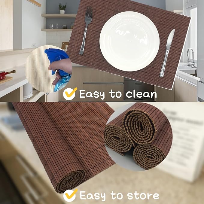 Set of 12 Pcs Bamboo Placemats Natural Anti-Slip Bamboo Placemats Washable Heat-Resistant Table Mats for Dining Room and Kitchen(Chocolate)