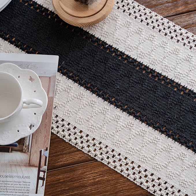 Macrame Table Runner Cream Beige and Black Boho Table Runners with Tassels Hand Woven Cotton Table Runner Rustic Farmhouse Table Runners for Bohemian Kitchen Dining Table(12x36in)