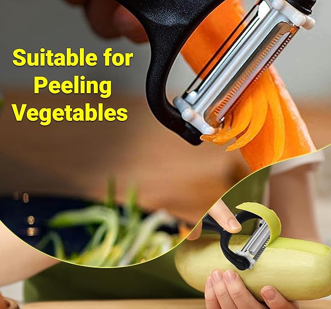 3-in-1 Vegetable Peeler & Julienne Peeler with 360° Rotating Stainless Steel Blades– Multifunction Julienne Cutter, Shredder & Slicer with Soft Handle-Fruits, Potato, Papaya Cucumber & Carrot Peeler