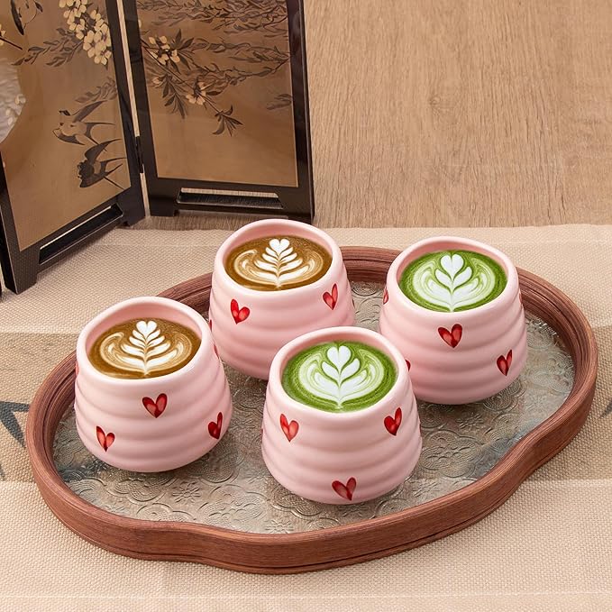 4pcs Japanese Tea Cup Set – Mini Size Cup 5OZ Ceramic Matcha Cup, Handless Espresso Cups, Cute Small Coffee Mugs for Coffee Tea Lovers, Dishwasher & Microwave Safe (Pink Love)
