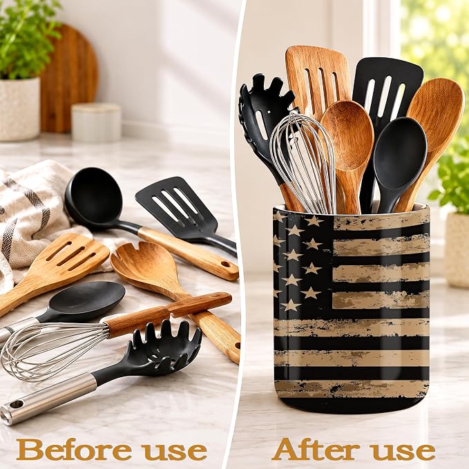 Kitchen Utensil Holder,Retro Flag Ceramic Utensil Crock for Countertop,Cooking Tools Storage jar for Spatulas and Spoons,Housewarming Gifts 6.3"