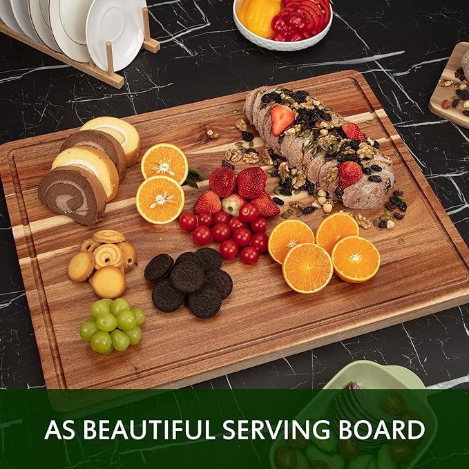 GarveeHome 1.5" Thick Acacia Wood Cutting Board, 20" x 15" Chopping Board for Kitchen, with Juice Groove and Handle, Reversible